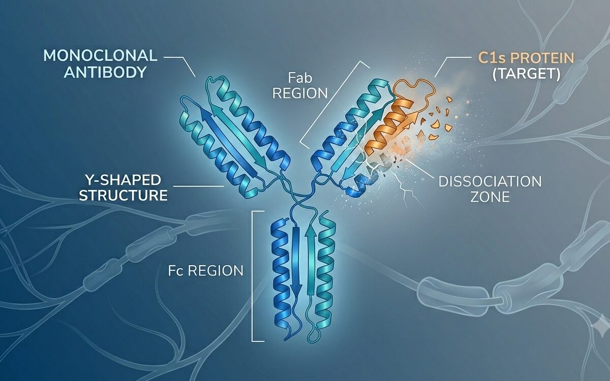 Illustration of a complement inhibitor antibody targeting the C1s protein, with peripheral nerve fibres representing CIDP in the background.