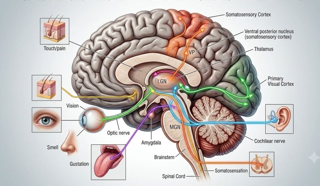 Diagram of sensory-based therapeutics pathways showing olfactory, auditory, and tactile routes to the brain