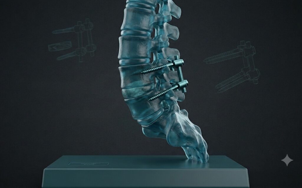 ranslucent 3D lumbar spine with pedicle screws, illustrating regenerative medicine advances in spinal fusion