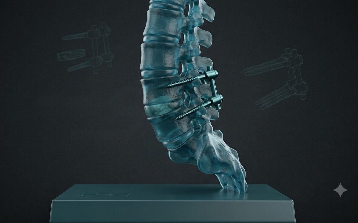 Why Regenerative Medicine May Reshape the Future of Spinal Fusion ranslucent 3D lumbar spine with pedicle screws, illustrating regenerative medicine advances in spinal fusion