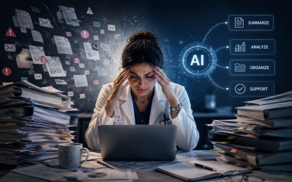 Healthcare professional overwhelmed at desk as AI cognitive burden of data processing grows