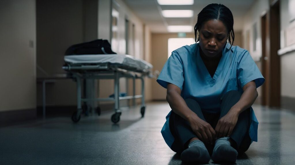 Nurse in blue scrubs sitting alone on a hospital corridor floor, head down, depicting the emotional toll of workplace bullying in healthcare