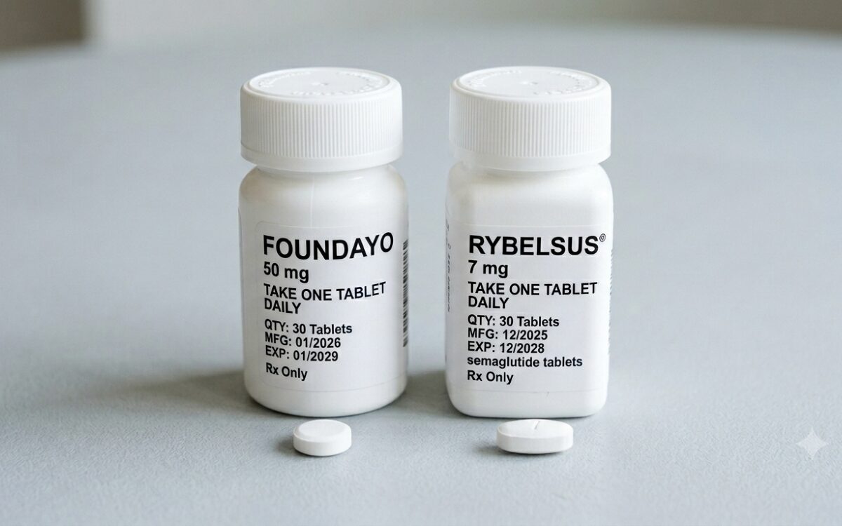 glp1 pills new Two oral GLP-1 prescription pill bottles labelled Foundayo and Rybelsus positioned side by side with white tablets, illustrating the comparison between the two oral GLP-1 medications.