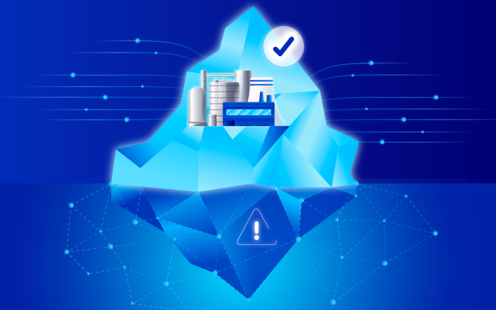 Iceberg showing approved documents above water and hidden pharma compliance risk warning below the surface