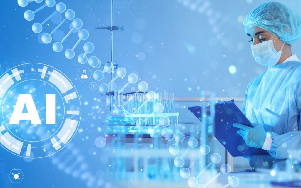 AI in pharmacovigilance: a laboratory scientist reviews data on a tablet, overlaid with a glowing AI symbol, DNA strands, and molecular graphics.