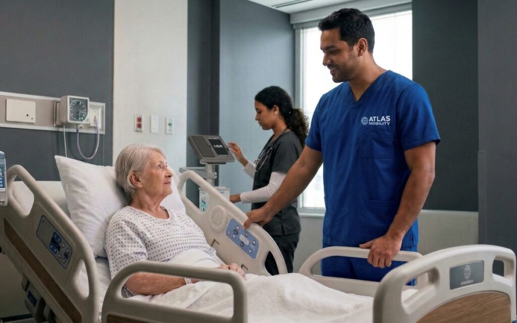 Atlas Mobility technician checks on hospital patient in bed to support pressure injury prevention