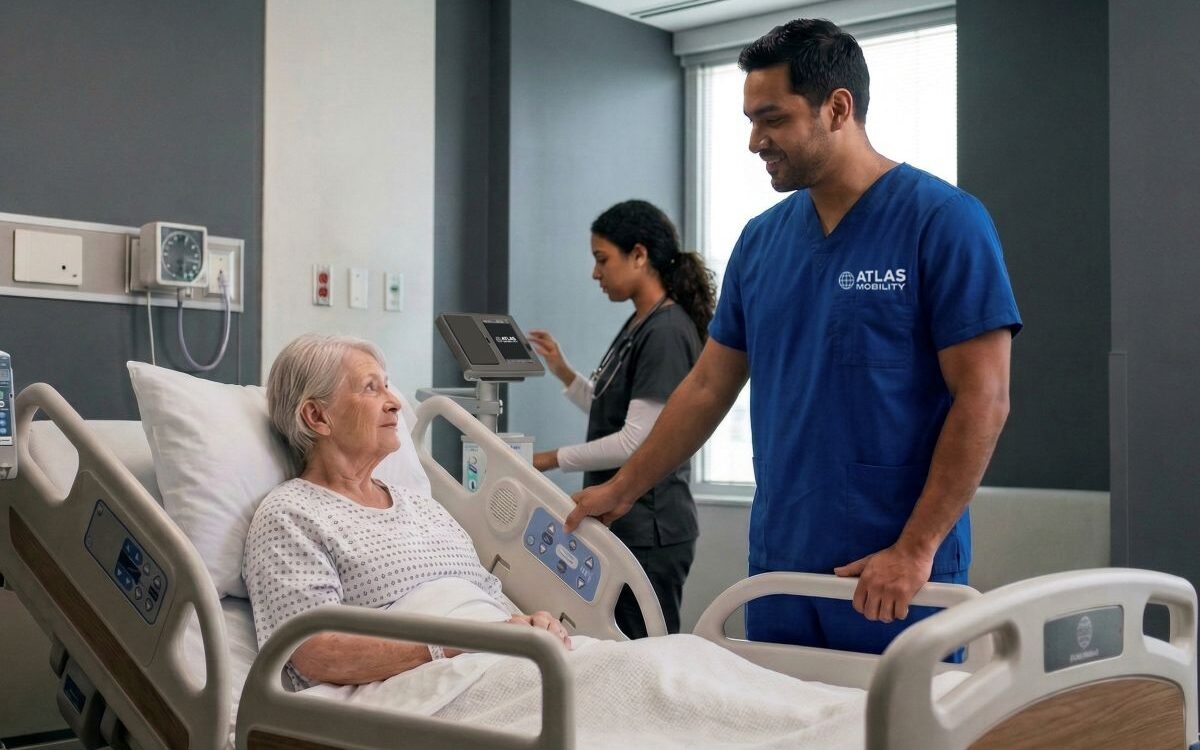 Atlas Mobility Atlas Mobility technician checks on hospital patient in bed to support pressure injury prevention
