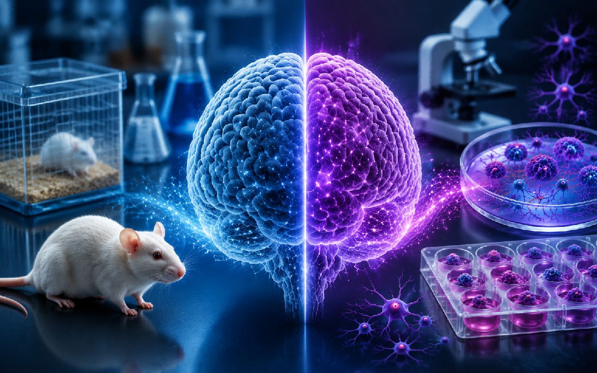 Beyond Animal Models Lab mouse beside split brain graphic showing iPSC brain research vs traditional animal models