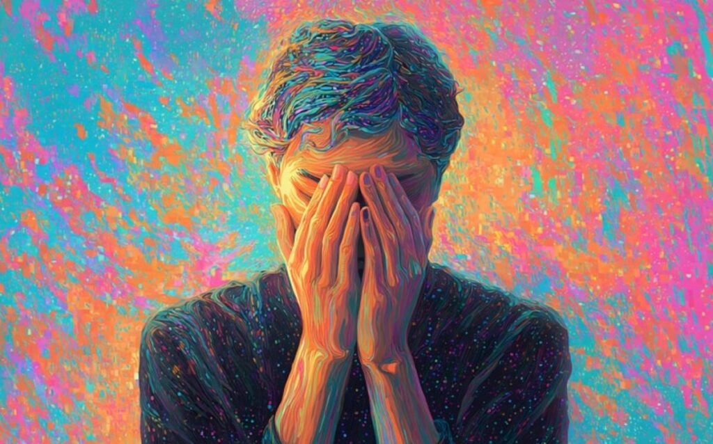 Person with hands over face surrounded by vivid psychedelic medicine-inspired colour swirls.