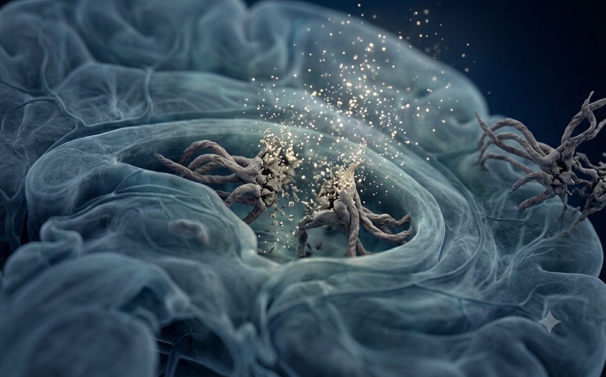 Conceptual illustration of tau protein tangles dissolving inside the brain, representing how a tau Alzheimer's drug like diranersen targets the source of neurodegeneration