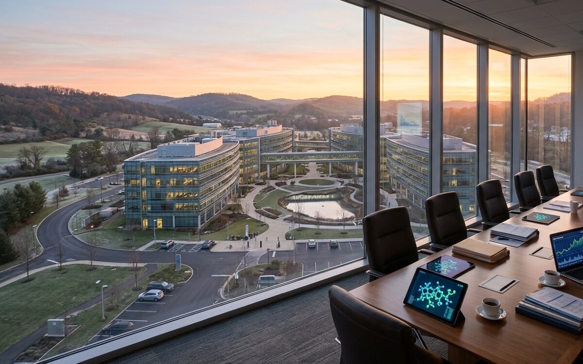 Pharmaceutical research campus at dawn with conference room displaying molecular structures and financial data, representing the biopharma H1 2026 review of the industry's record-breaking opening six months.