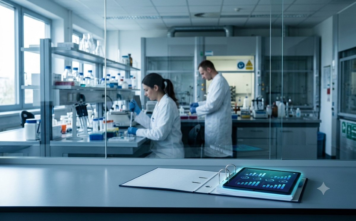 Biotech-Lab Sustainability reporting dashboard on a tablet in a European biotech laboratory, with researchers working behind a glass partition