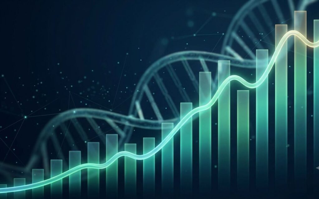 Abstract data visualisation showing an ascending line graph and rising bars over a faint DNA helix, illustrating the biotech IPO 2026 surge in life sciences listings.
