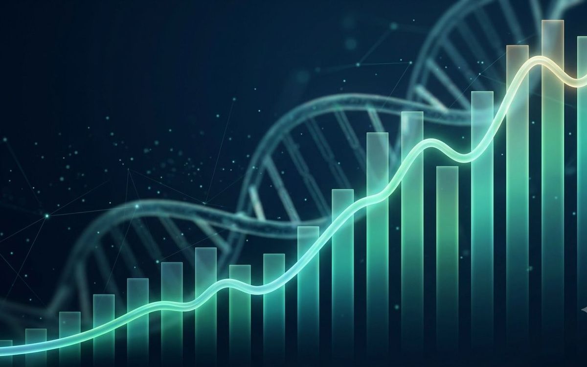 Abstract data visualisation showing an ascending line graph and rising bars over a faint DNA helix, illustrating the biotech IPO 2026 surge in life sciences listings.