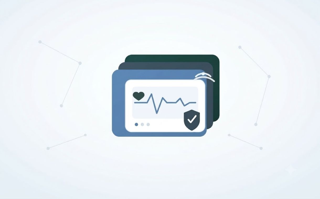 CE Marking Is Not Enough Three layered cards symbolise connected medical devices with a heart monitor line and a security checkmark