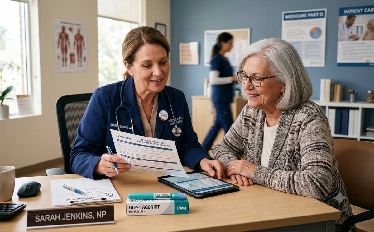 Nurse practitioner reviewing GLP-1 Bridge eligibility paperwork with an older patient at a clinic desk