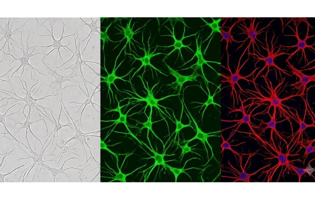 Star-shaped astrocytes in MND models, shown in three microscopy panels: brightfield, green and red fluorescent staining.