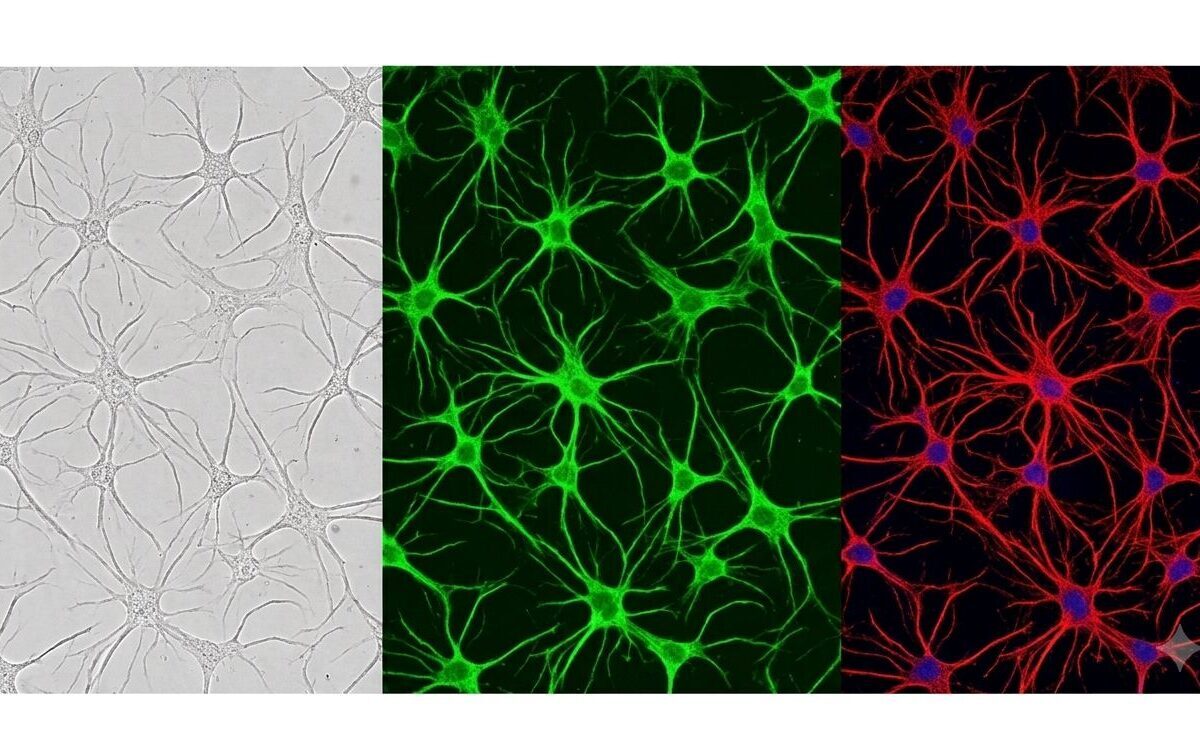 Star-shaped astrocytes in MND models, shown in three microscopy panels: brightfield, green and red fluorescent staining.