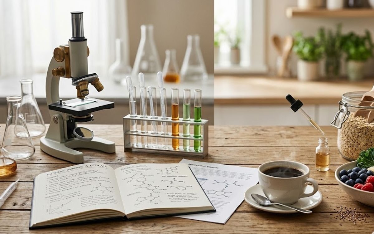 Laboratory microscope and test tubes beside coffee, oats and berries, illustrating evidence behind functional foods