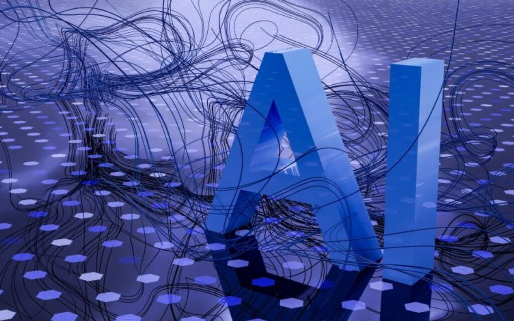 AI hype life sciences concept with glowing 3D AI letters and neural network connections