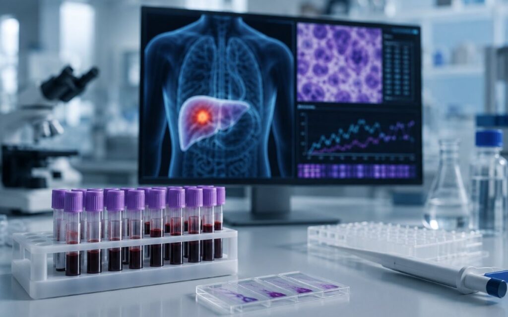 Blood sample tubes and liver scan on monitor in a diagnostic lab for liver cancer detection