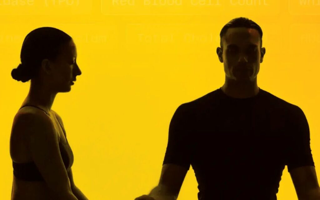 Silhouetted man and woman against yellow background with health data overlay representing the FDA peptide review.