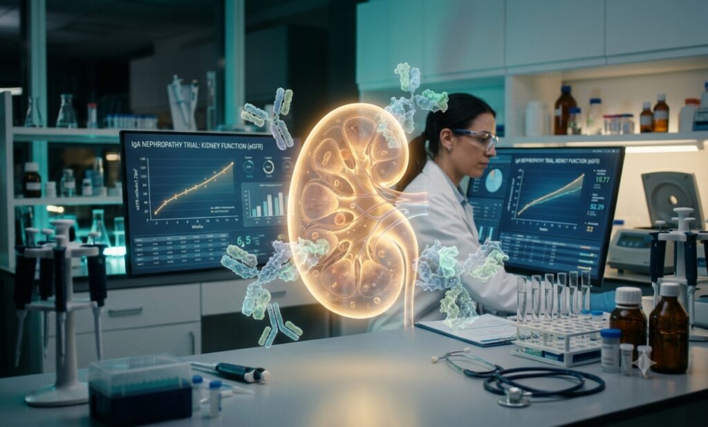 Researcher reviews eGFR trial data beside a holographic kidney and IgA antibodies in an IgA nephropathy drug pipeline lab