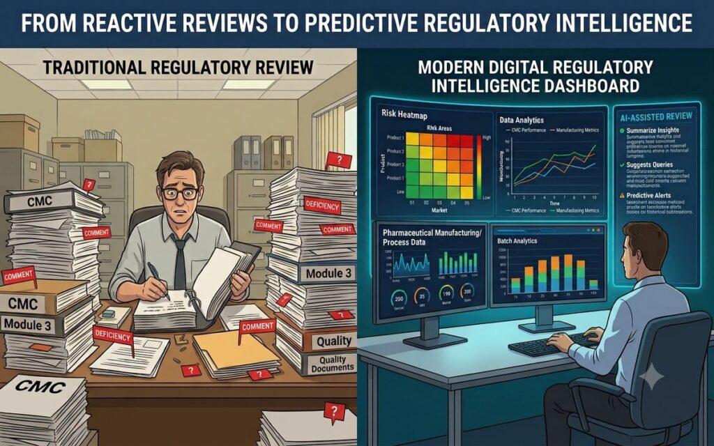 Split illustration contrasting traditional CMC paper review with a modern predictive regulatory intelligence dashboard