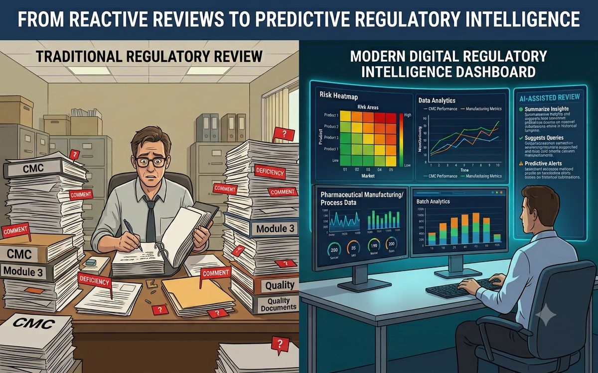 Image Split illustration contrasting traditional CMC paper review with a modern predictive regulatory intelligence dashboard