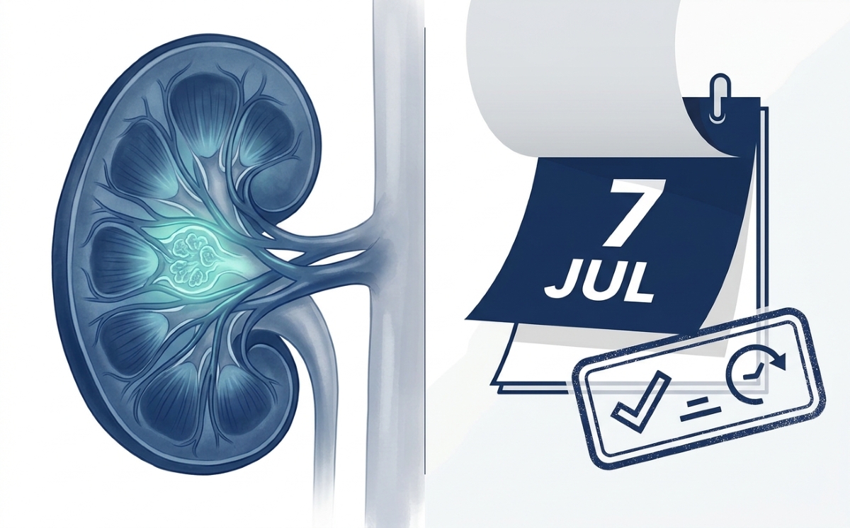 Kidney-7-jul Kidney cross-section illustration next to a 7 Jul calendar and review stamp: atacicept IgA nephropathy FDA decision.