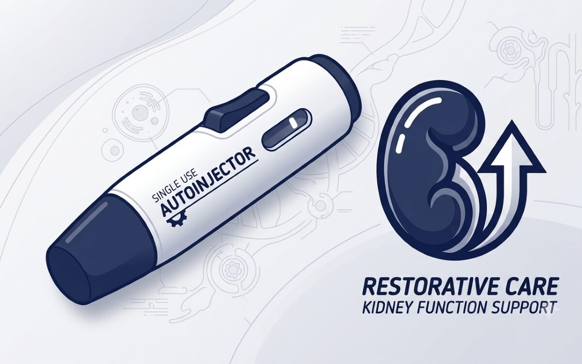 Kidney-Care Illustration of a subcutaneous autoinjector beside a kidney icon, representing FDA approval of Trutakna for IgA nephropathy.