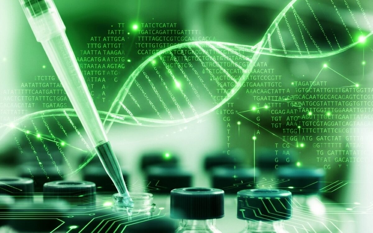 Pipette dispensing into lab vials with glowing DNA helix and genetic sequence data for Life Science Daily News