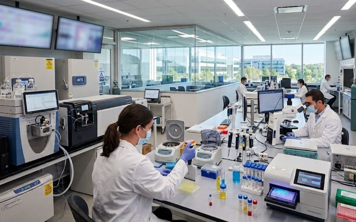 Laboratory scientists pipetting samples and using a microscope, the clinical setting behind modern sarcoma research