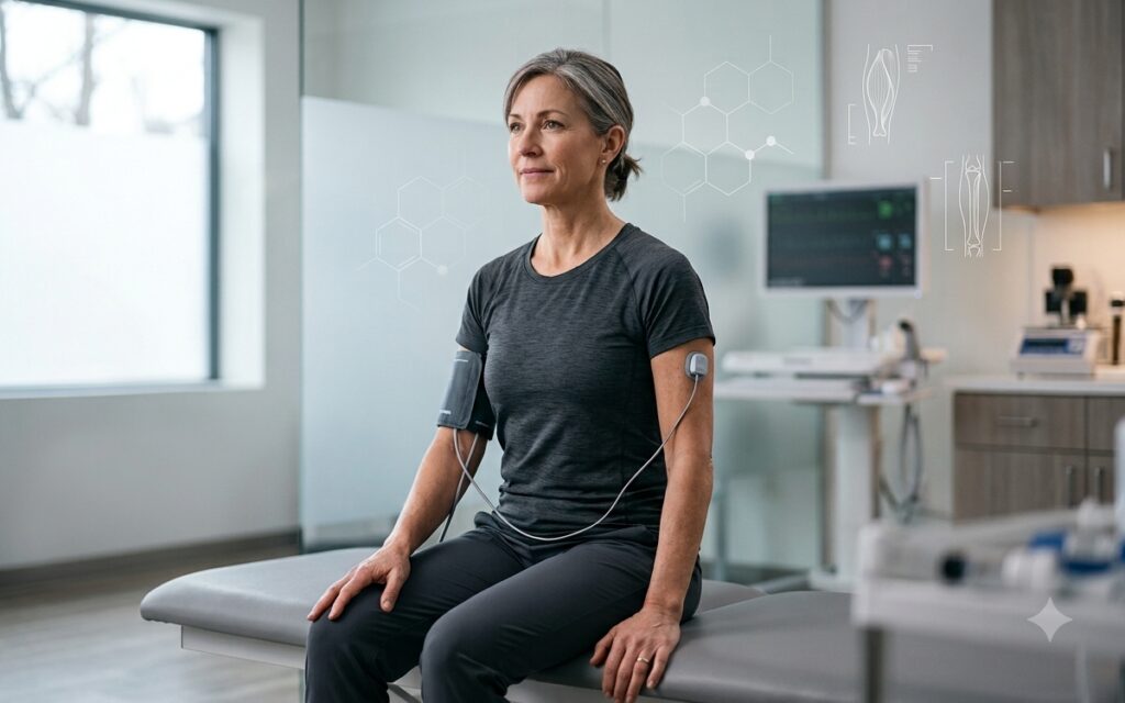 Middle-aged woman monitored in a clinic with muscle anatomy overlays, illustrating GLP-1 muscle preservation research.