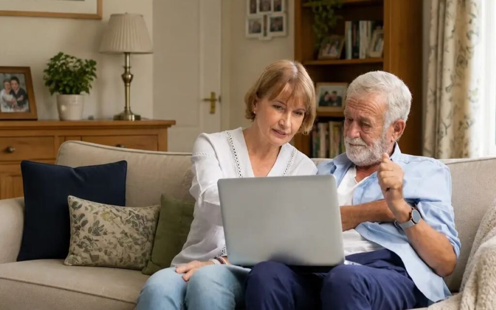 Older couple browsing the Pairly care marketplace on a laptop at home