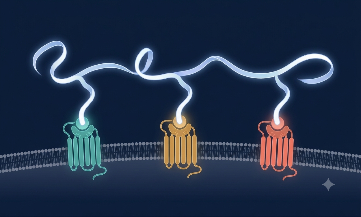 Peptites Illustration of dual and triple agonists binding GLP-1, GIP and glucagon receptors on a cell membrane