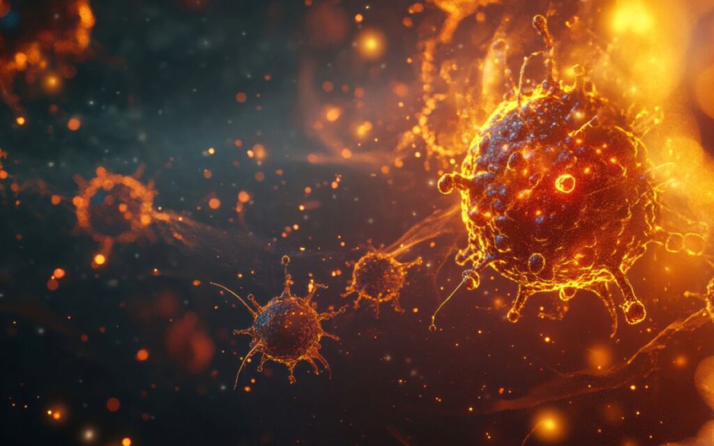 Glowing cancer cells with spiky surface protrusions illustrating precision oncology tumour analysis