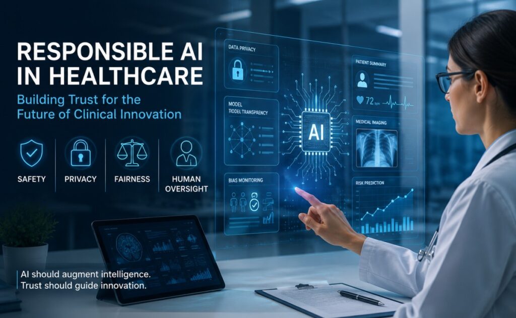 Clinician reviewing a responsible AI in healthcare dashboard showing safety, privacy, fairness and human oversight icons.
