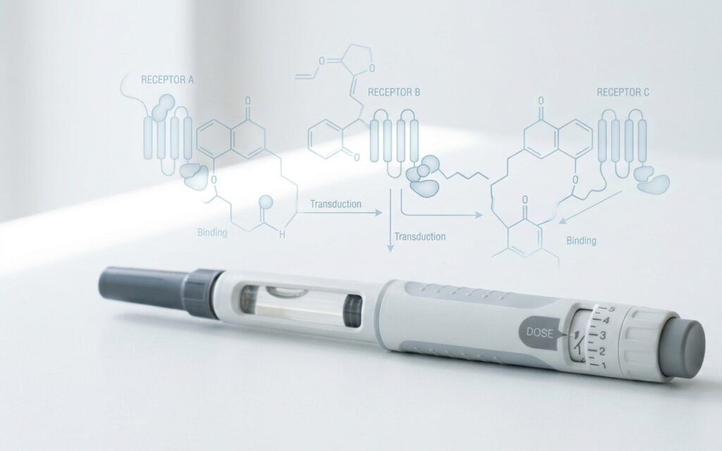 Unbranded prefilled injection pen on a clinical surface with an illustration of the triple receptor pathway, representing retatrutide Phase 3 trial data across GLP-1, GIP and glucagon targets.