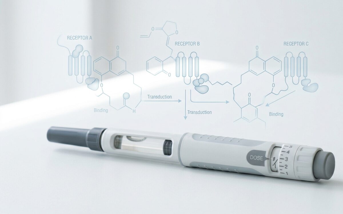 Retatrutide Unbranded prefilled injection pen on a clinical surface with an illustration of the triple receptor pathway, representing retatrutide Phase 3 trial data across GLP-1, GIP and glucagon targets.