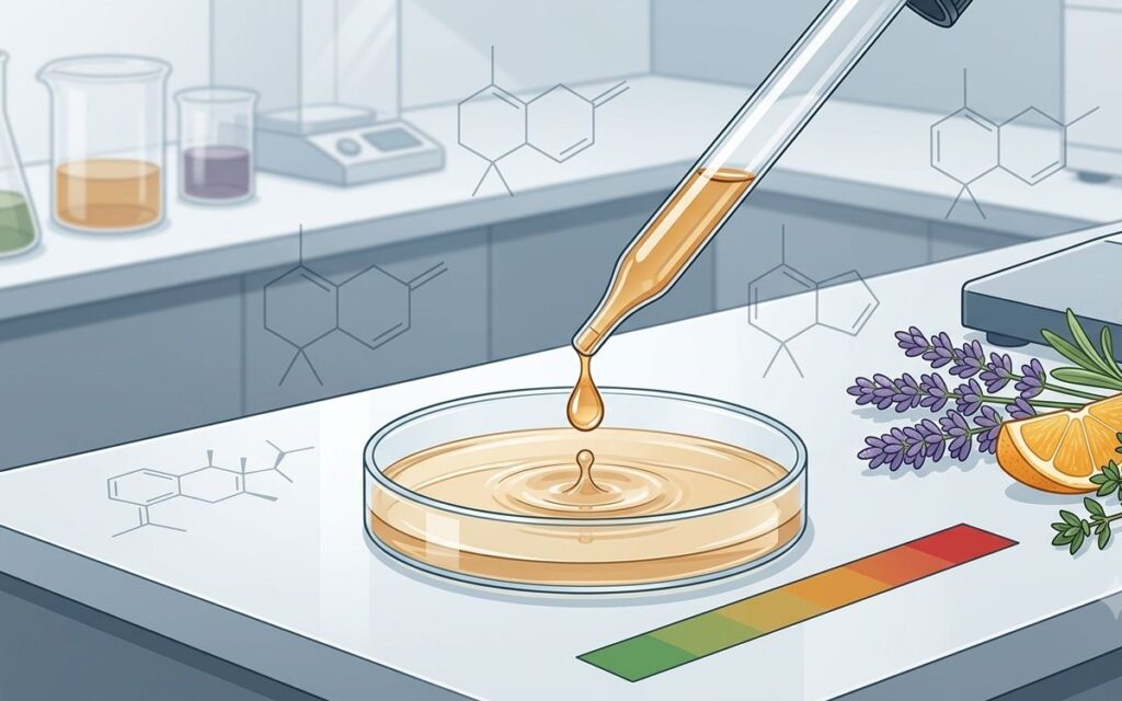 Essential oil safety testing in a lab with a pipette, petri dish, lavender, citrus slices, and chemical structure overlays