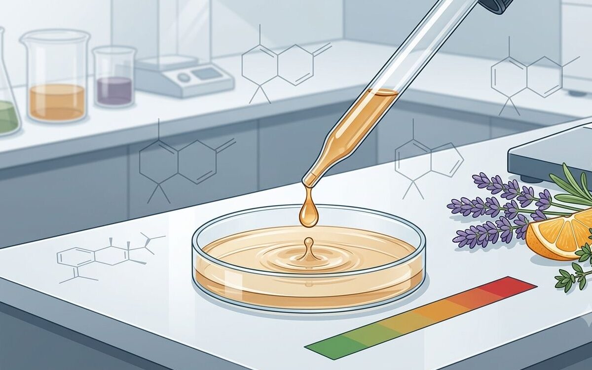 Essential oil safety testing in a lab with a pipette, petri dish, lavender, citrus slices, and chemical structure overlays