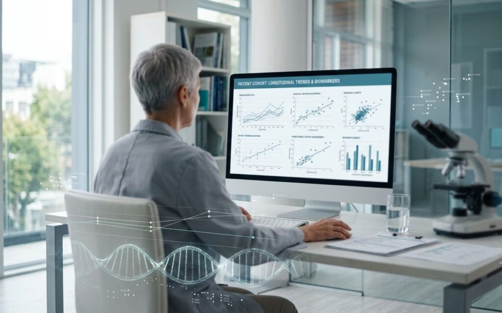 Clinician reviewing longitudinal biomarker trends and patient cohort data on screen in a precision prevention lab