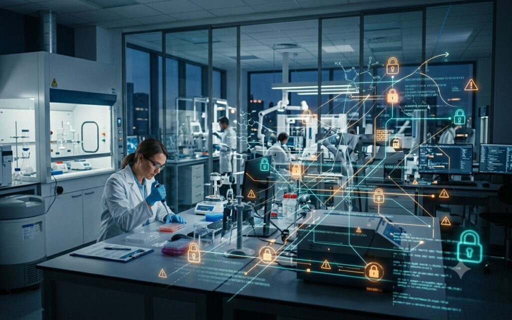 Life science cybersecurity graphic of padlocks, alerts and data links over a scientist pipetting in a research lab