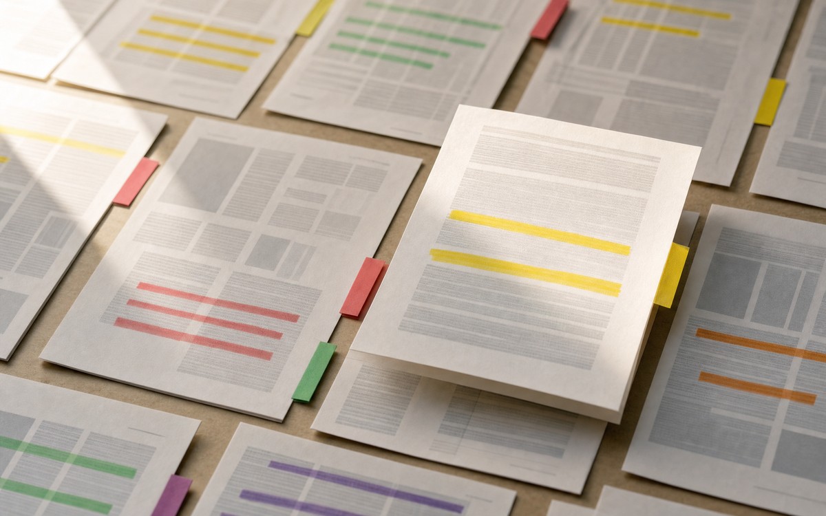image-1784932202529 Printed documents highlighted and flagged with coloured tabs, representing life science public data sources.