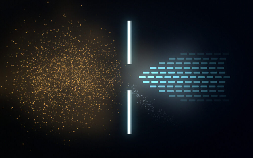AI pilots in life sciences concept: scattered gold particles pass a glowing gate into ordered rows of teal data.