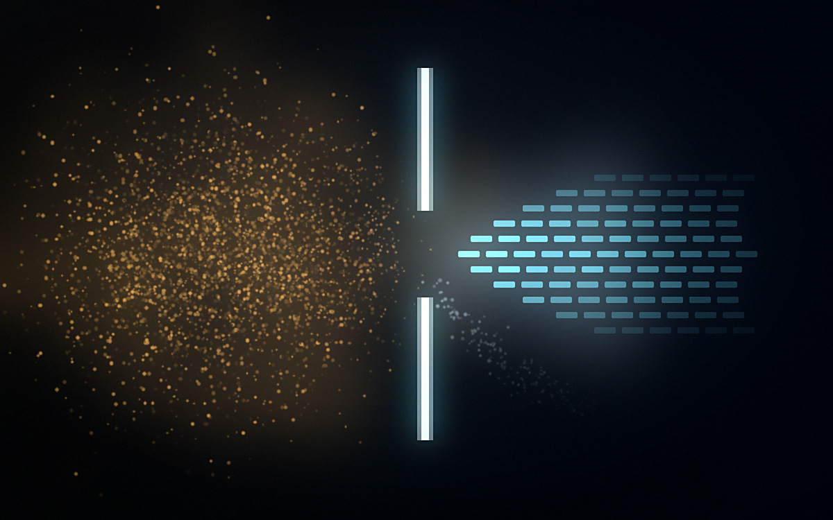 AI pilots in life sciences concept: scattered gold particles pass a glowing gate into ordered rows of teal data.