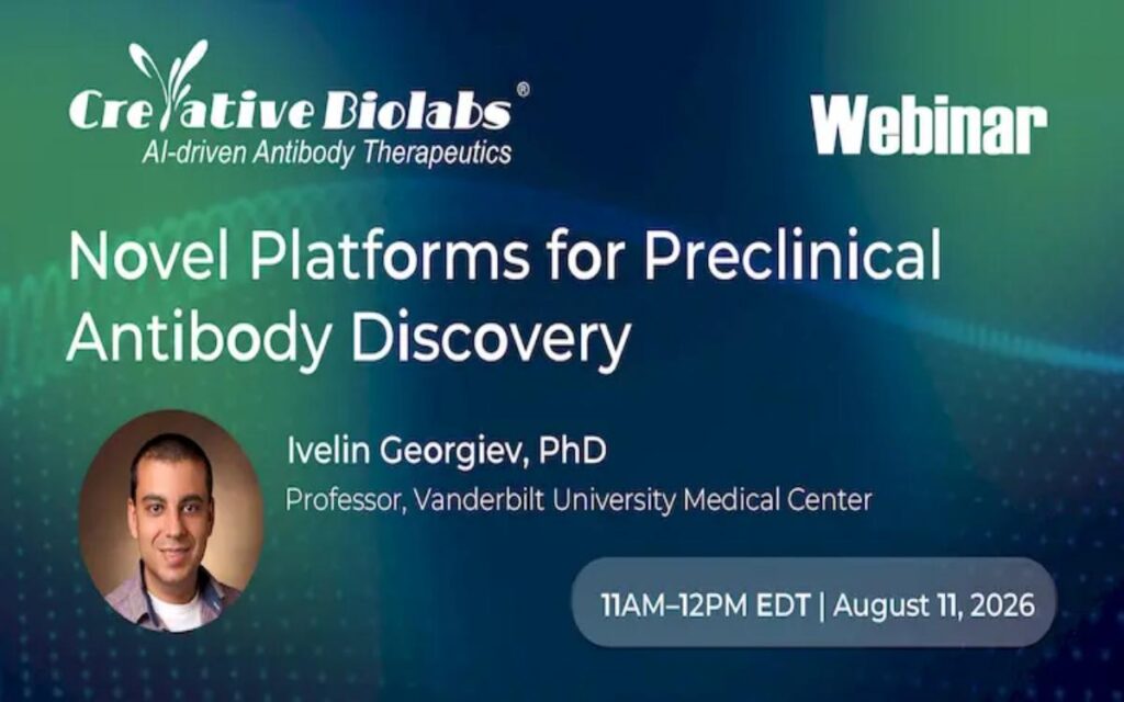 Creative Biolabs webinar banner for preclinical antibody discovery featuring speaker Dr Ivelin Georgiev of Vanderbilt