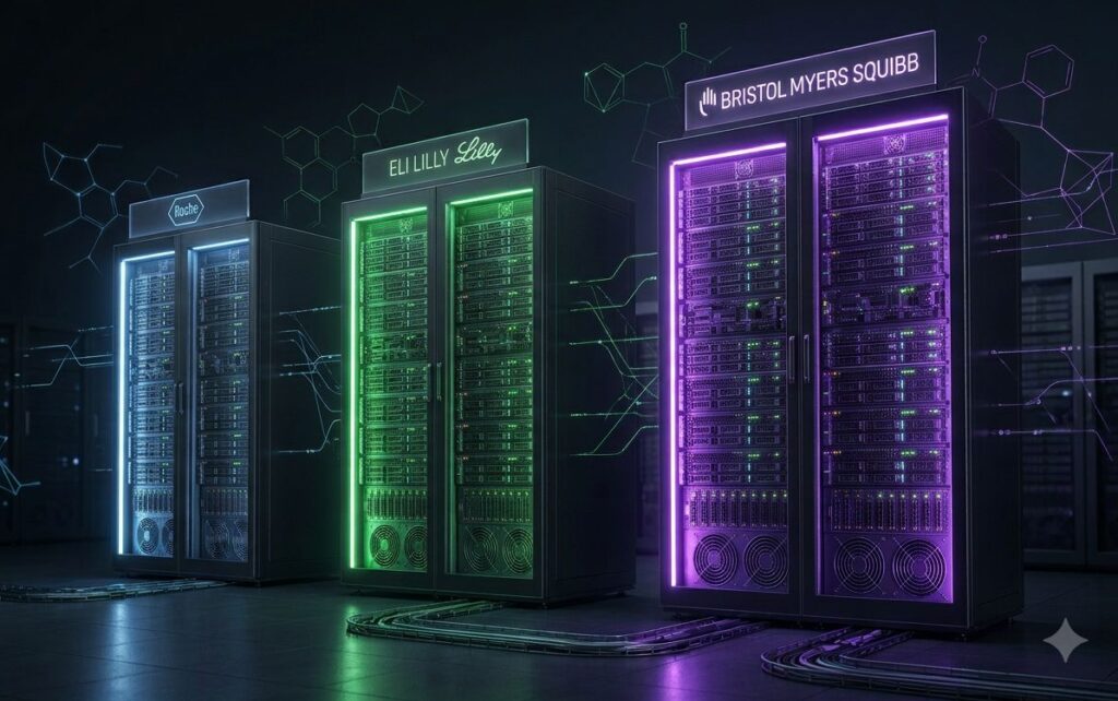 Three illuminated server racks representing the pharma AI supercomputer race between Eli Lilly, Roche and Bristol Myers Squibb, with molecular structures in the background illustrating AI powered drug discovery.