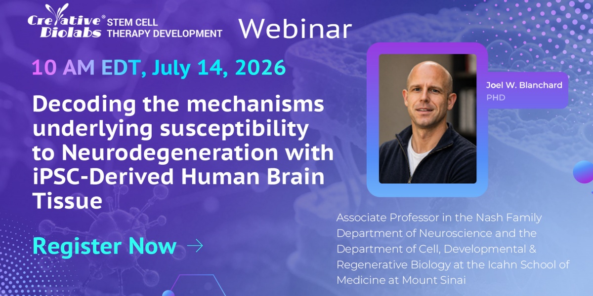 iPSC brain models webinar banner showing speaker Dr Joel W. Blanchard with session date and time details